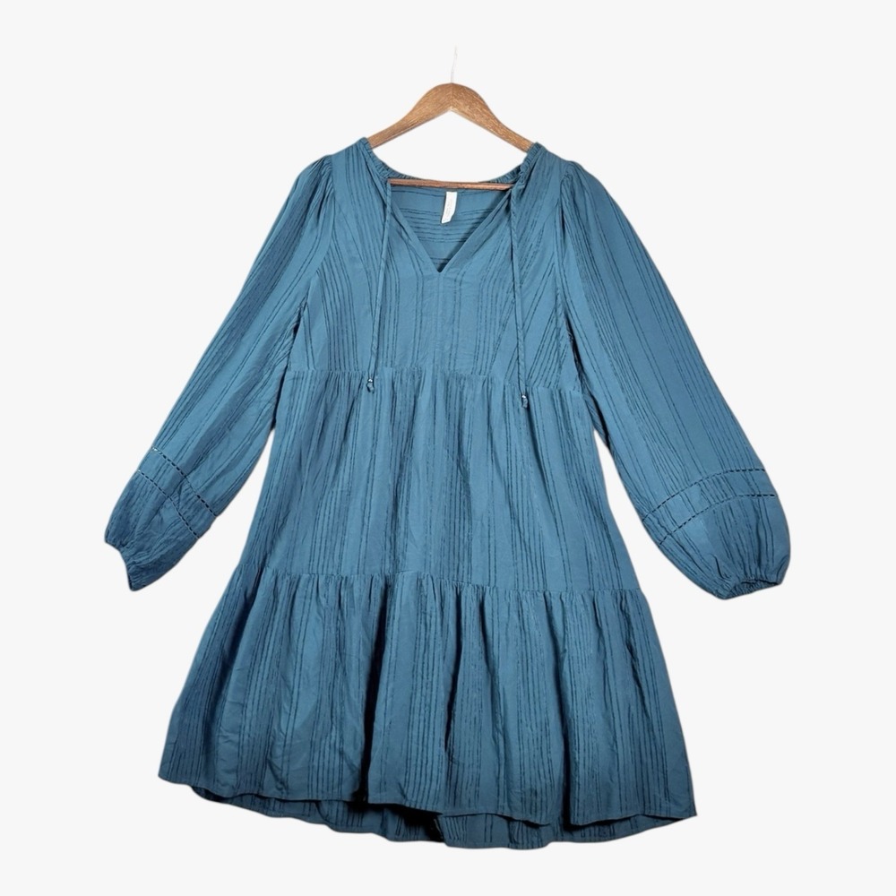 Gentle Fawn Womens Tiered Dress S Teal Boho Peasant Mini Long Sleeve Lightewight